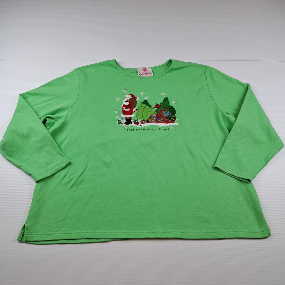 Quacker Factory Shirt Womens 3X Green Christmas Santa Embroidered Holiday Top